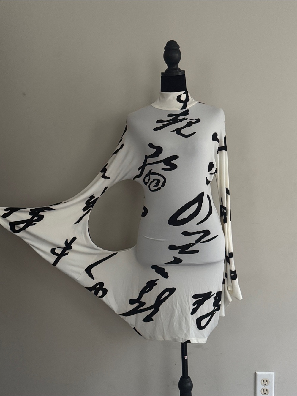 White and Black Script-Print High Neck Dress